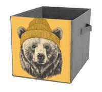 Jubonexis Grizzly Bear Wearing Yellow Beanie Cube Storage Bins Storage Cubes Foldable Decorative Fabric Storage Baskets Home Organizers with Handles for Shelves,Closet, 27x27 CM