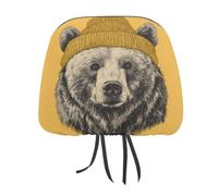 Jubonexis Grizzly Bear Wearing Yellow Beanie Printed Car Headrest Cover,2 Pieces, Elastic Comfort Head Rest Cover for Women Men, Universal Fits Most Cars Van SUV Truck, Car Interior Decor Accessories
