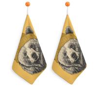 Jubonexis Grizzly Bear Wearing Yellow Beanie Small Hand Towel with Hanging Loop 2 PCS Absorbent Soft Wash Cloth for Kitchen Bathroom