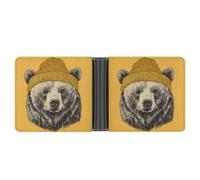 Jubonexis Grizzly Bear Wearing Yellow Beanie Soft PU Leather Bifold Wallet, Coin Purse Credit Pass Case, Durable Card-Holder Slim Billfold for Men Woman Money Storage