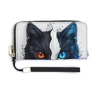 Jubonexis Half Cat Red Blue Eye PU Leather Clutch Long Bifold Wallet, Coin Purse Credit Pass Case, Durable Card-Holder Money Storage for Women Men