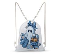 Jubonexis Halloween Ghost with Blue Denim Pieces Bow Drawstring Backpack Canvas String Bag Lightweight Sports Gym Bag for Men Women