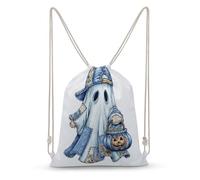 Jubonexis Halloween Ghost with Blue Denim Pieces Pattern Drawstring Backpack Canvas String Bag Lightweight Sports Gym Bag for Men Women