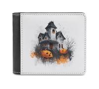 Jubonexis Halloween Haunted House Ghost Pumpkin Soft PU Leather Bifold Wallet, Coin Purse Credit Pass Case, Durable Card-Holder Slim Billfold for Men Woman Money Storage