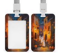 Jubonexis Halloween Night Cute Ghosts Old Town Street ID Badge Holder Retractable Clip Card Holder Card Protector Name Badge Name Tag for Work Office Doctor Nurse