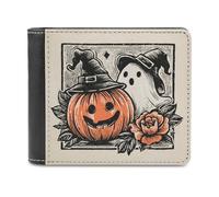 Jubonexis Halloween Pumpkin Ghost Rose Vintage Soft PU Leather Bifold Wallet, Coin Purse Credit Pass Case, Durable Card-Holder Slim Billfold for Men Woman Money Storage