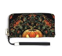 Jubonexis Halloween Pumpkin Ornate Floral Swirling Vines PU Leather Clutch Long Bifold Wallet, Coin Purse Credit Pass Case, Durable Card-Holder Money Storage for Women Men