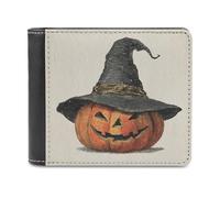 Jubonexis Halloween Pumpkin Wearing Tall Witch Hat Soft PU Leather Bifold Wallet, Coin Purse Credit Pass Case, Durable Card-Holder Slim Billfold for Men Woman Money Storage