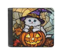 Jubonexis Halloween White Kitten with Pumpkin Soft PU Leather Bifold Wallet, Coin Purse Credit Pass Case, Durable Card-Holder Slim Billfold for Men Woman Money Storage