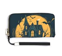 Jubonexis Happy Halloween Ghosts Haunted House PU Leather Clutch Long Bifold Wallet, Coin Purse Credit Pass Case, Durable Card-Holder Money Storage for Women Men