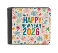 Jubonexis Happy New Year 2026 Fireworks Stars Soft PU Leather Bifold Wallet, Coin Purse Credit Pass Case, Durable Card-Holder Slim Billfold for Men Woman Money Storage