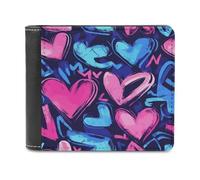 Jubonexis Hearts Graffiti Blue Pink and Purple Soft PU Leather Bifold Wallet, Coin Purse Credit Pass Case, Durable Card-Holder Slim Billfold for Men Woman Money Storage