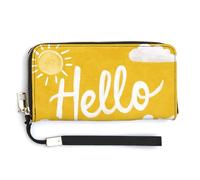Jubonexis Hello Summer on Yellow with Sun Clouds PU Leather Clutch Long Bifold Wallet, Coin Purse Credit Pass Case, Durable Card-Holder Money Storage for Women Men