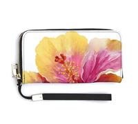 Jubonexis Hibiscus Flower Yellow with Pink Colors PU Leather Clutch Long Bifold Wallet, Coin Purse Credit Pass Case, Durable Card-Holder Money Storage for Women Men
