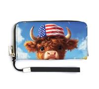 Jubonexis Highland Cow Calf Wearing American Flag Hat PU Leather Clutch Long Bifold Wallet, Coin Purse Credit Pass Case, Durable Card-Holder Money Storage for Women Men
