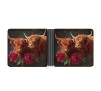 Jubonexis Highland Cow Couple Red Roses Soft PU Leather Bifold Wallet, Coin Purse Credit Pass Case, Durable Card-Holder Slim Billfold for Men Woman Money Storage