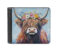 Jubonexis Highland Cow Crown of Colorful Flowers Soft PU Leather Bifold Wallet, Coin Purse Credit Pass Case, Durable Card-Holder Slim Billfold for Men Woman Money Storage