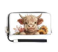 Jubonexis Highland Cow in Old Wooden Bucket PU Leather Clutch Long Bifold Wallet, Coin Purse Credit Pass Case, Durable Card-Holder Money Storage for Women Men