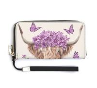 Jubonexis Highland Cow Purple Flower Crown PU Leather Clutch Long Bifold Wallet, Coin Purse Credit Pass Case, Durable Card-Holder Money Storage for Women Men