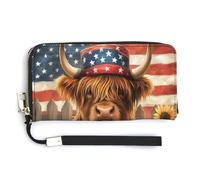Jubonexis Highland Cow Sunflower American Flag Hat PU Leather Clutch Long Bifold Wallet, Coin Purse Credit Pass Case, Durable Card-Holder Money Storage for Women Men