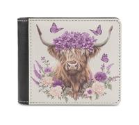 Jubonexis Highland Cow Wearing Purple Flower Crown Soft PU Leather Bifold Wallet, Coin Purse Credit Pass Case, Durable Card-Holder Slim Billfold for Men Woman Money Storage