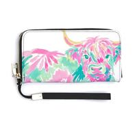 Jubonexis Highland Cow Whimsical Pink Mint Green PU Leather Clutch Long Bifold Wallet, Coin Purse Credit Pass Case, Durable Card-Holder Money Storage for Women Men
