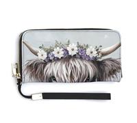 Jubonexis Highland Cow with A Flower Crown PU Leather Clutch Long Bifold Wallet, Coin Purse Credit Pass Case, Durable Card-Holder Money Storage for Women Men