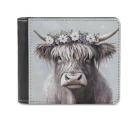 Jubonexis Highland Cow with A Flower Crown Soft PU Leather Bifold Wallet, Coin Purse Credit Pass Case, Durable Card-Holder Slim Billfold for Men Woman Money Storage
