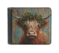 Jubonexis Highland Cow with Holly Mistletoe Wreath Soft PU Leather Bifold Wallet, Coin Purse Credit Pass Case, Durable Card-Holder Slim Billfold for Men Woman Money Storage
