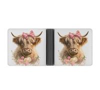 Jubonexis Highland Cow with Large Pink Bow Soft PU Leather Bifold Wallet, Coin Purse Credit Pass Case, Durable Card-Holder Slim Billfold for Men Woman Money Storage