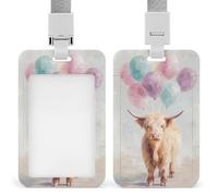 Jubonexis Highland Cow with Pastel Balloons ID Badge Holder Retractable Clip Card Holder Card Protector Name Badge Name Tag for Work Office Doctor Nurse