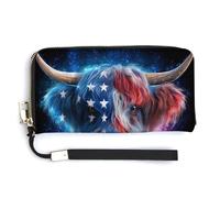 Jubonexis Highland Cow with Stars and Stripes PU Leather Clutch Long Bifold Wallet, Coin Purse Credit Pass Case, Durable Card-Holder Money Storage for Women Men