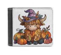 Jubonexis Highland Cow with Witch Hat Pumpkins Soft PU Leather Bifold Wallet, Coin Purse Credit Pass Case, Durable Card-Holder Slim Billfold for Men Woman Money Storage
