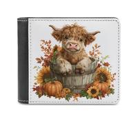 Jubonexis Highland Cow Wooden Bucket Pumpkin Sunflowers Soft PU Leather Bifold Wallet, Coin Purse Credit Pass Case, Durable Card-Holder Slim Billfold for Men Woman Money Storage