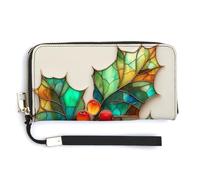 Jubonexis Holy with Seven Leaves and Red Berries PU Leather Clutch Long Bifold Wallet, Coin Purse Credit Pass Case, Durable Card-Holder Money Storage for Women Men