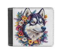 Jubonexis Husky Dog with Vibrant Flowers Soft PU Leather Bifold Wallet, Coin Purse Credit Pass Case, Durable Card-Holder Slim Billfold for Men Woman Money Storage