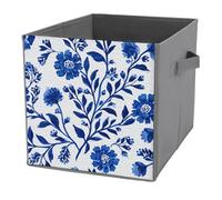 Jubonexis Indigo Blue Floral Pattern Cube Storage Bins Storage Cubes Foldable Decorative Fabric Storage Baskets Home Organizers with Handles for Shelves,Closet, 27x27 CM