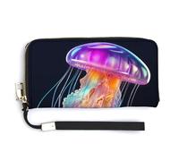 Jubonexis Iridescent Glowing Jelly Fish PU Leather Clutch Long Bifold Wallet, Coin Purse Credit Pass Case, Durable Card-Holder Money Storage for Women Men
