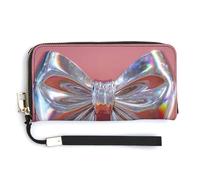 Jubonexis Iridescent Holographic Silver Bow PU Leather Clutch Long Bifold Wallet, Coin Purse Credit Pass Case, Durable Card-Holder Money Storage for Women Men