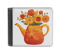 Jubonexis Kettle Orange Yellow Whimsical Folk Art Soft PU Leather Bifold Wallet, Coin Purse Credit Pass Case, Durable Card-Holder Slim Billfold for Men Woman Money Storage
