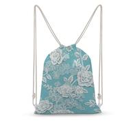 Jubonexis Lace White Flowers Leaves on Pastel Blue Drawstring Backpack Canvas String Bag Lightweight Sports Gym Bag for Men Women