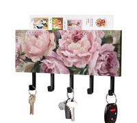 Jubonexis Large Blooming Peonies in Soft Pink Wall Mount with 5 Hooks Acrylic Key Rack for Home Office Entryway