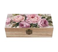 Jubonexis Large Blooming Peonies in Soft Pink Wooden Storage Box with Hinged Lid And Front Clasp Large Keepsake Box