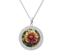 Jubonexis Large Dahlia Flower Round Pendant Necklace Silver Jewelry for Women