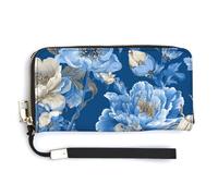 Jubonexis Large Florals on Rich Blue Luxury Silk Fabric PU Leather Clutch Long Bifold Wallet, Coin Purse Credit Pass Case, Durable Card-Holder Money Storage for Women Men