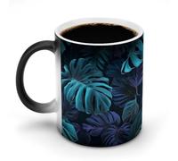 Jubonexis Large Monstera Black Leaves on Dark Blue Color Changing Mugs Heat Changing Ceramic Coffee Mug Novelty Funny Tea Water Cup 11OZ