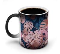 Jubonexis Large Monstera Pink Leaves on Dark Blue Color Changing Mugs Heat Changing Ceramic Coffee Mug Novelty Funny Tea Water Cup 11OZ