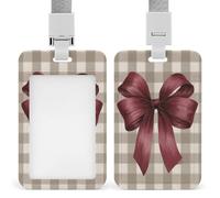 Jubonexis Large Red Ribbon on Beige White Plaid Pattern ID Badge Holder Retractable Clip Card Holder Card Protector Name Badge Name Tag for Work Office Doctor Nurse