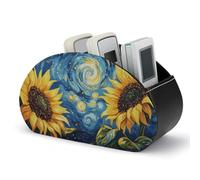 Jubonexis Large Sunflowers Night Sky Remotes Control Holder with 5 Compartments Leather TV Remote Caddy Storage Box Desktop Organizer