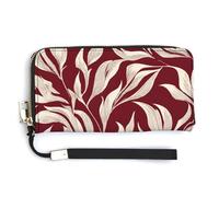 Jubonexis Leaves on Deep Red Abstract Minimalist PU Leather Clutch Long Bifold Wallet, Coin Purse Credit Pass Case, Durable Card-Holder Money Storage for Women Men